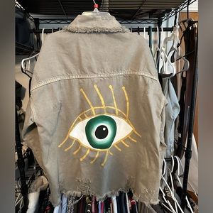 Unisex Custom Painted In Greece Evil Eye Denim Jacket - Khaki - Size S/M